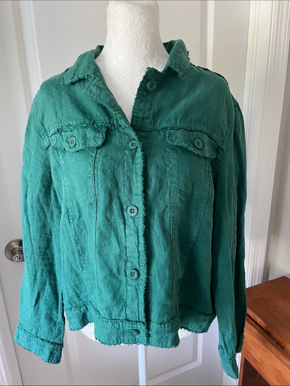 Lulu-B Forest Emerald Green Natural Linen Jean Style TruckerJacket NWOT SZ XL